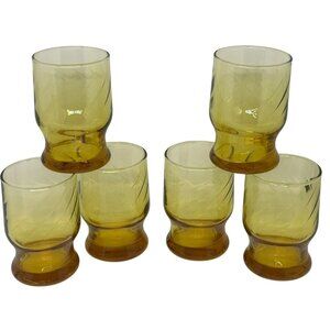 VTG Anchor Hocking Set 6 MCM Optic Swirl Footed Amber Glass Tumblers Drinkware